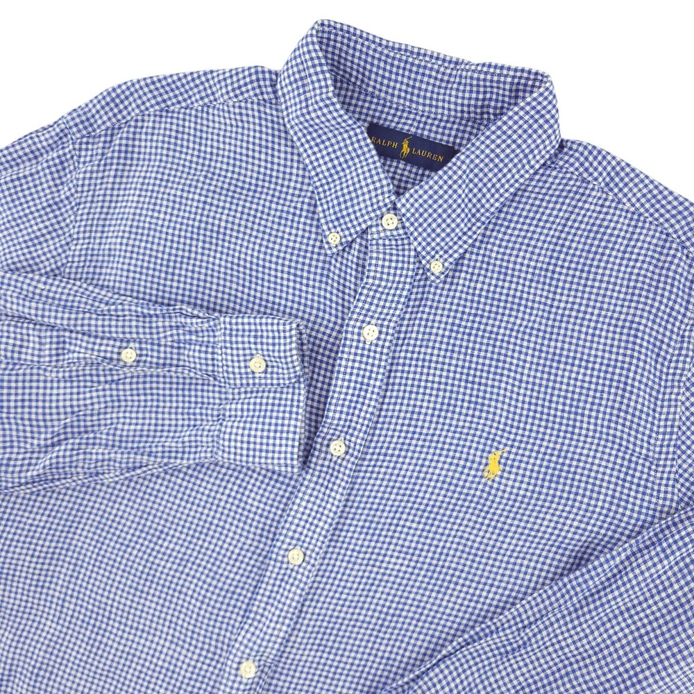 Ralph Lauren Shirt Mens XL Blue Check Long Sleeve Button Down Linen Casual